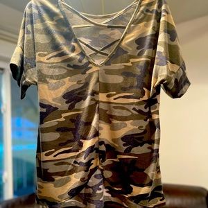 Size small, camo top w/ criss cross detail.